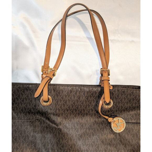 Michael Kors Signature Brown Coated Canvas Jet Set East West Tote Bag Purse - Picture 4 of 15